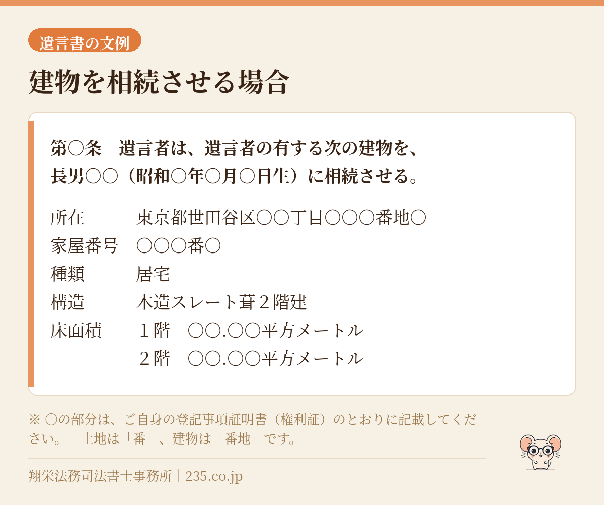 遺言書の文例 建物を相続させる場合の記載例